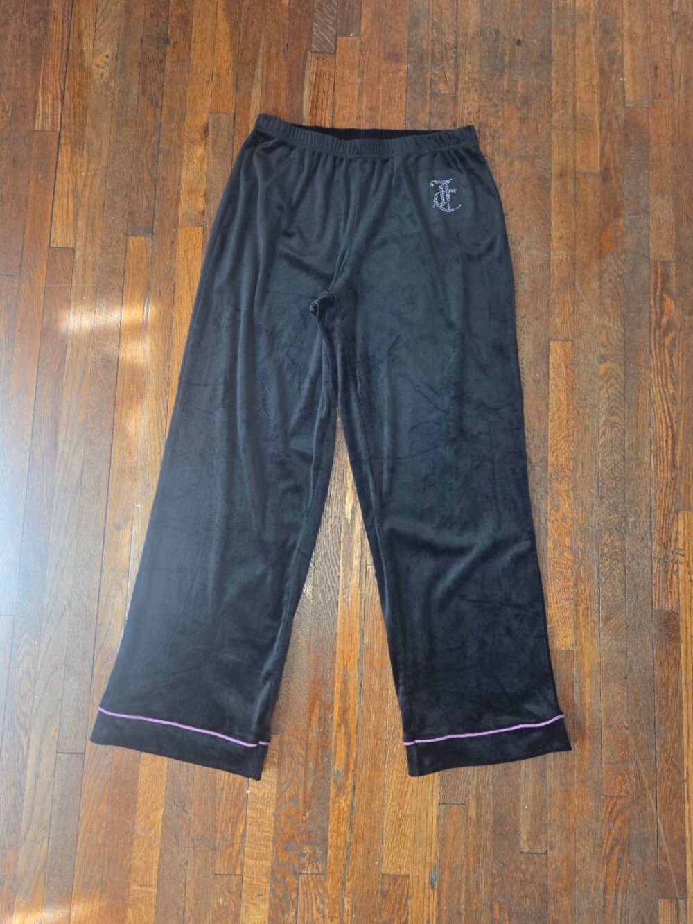 Juicy Couture Black Velour Rhinestone Monogram High Rise Pajama Pants